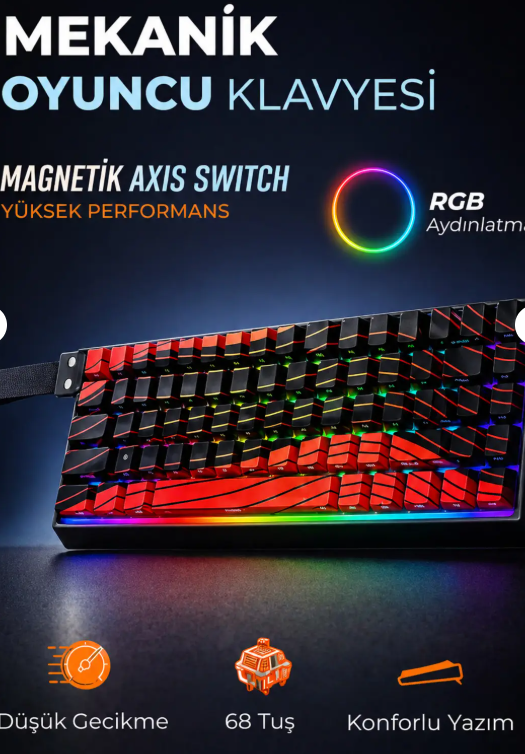 AYMESTORE Siyah Manyetik Switch RGB Gaming Klavye 68 Tuş Türkçe Q | Özel Yazılım Destekli | Taşıma Bantlı